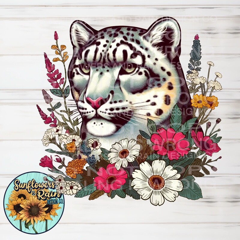 Snow leopard with flowers. Retro png.  Png file for sublimation tshirts.
