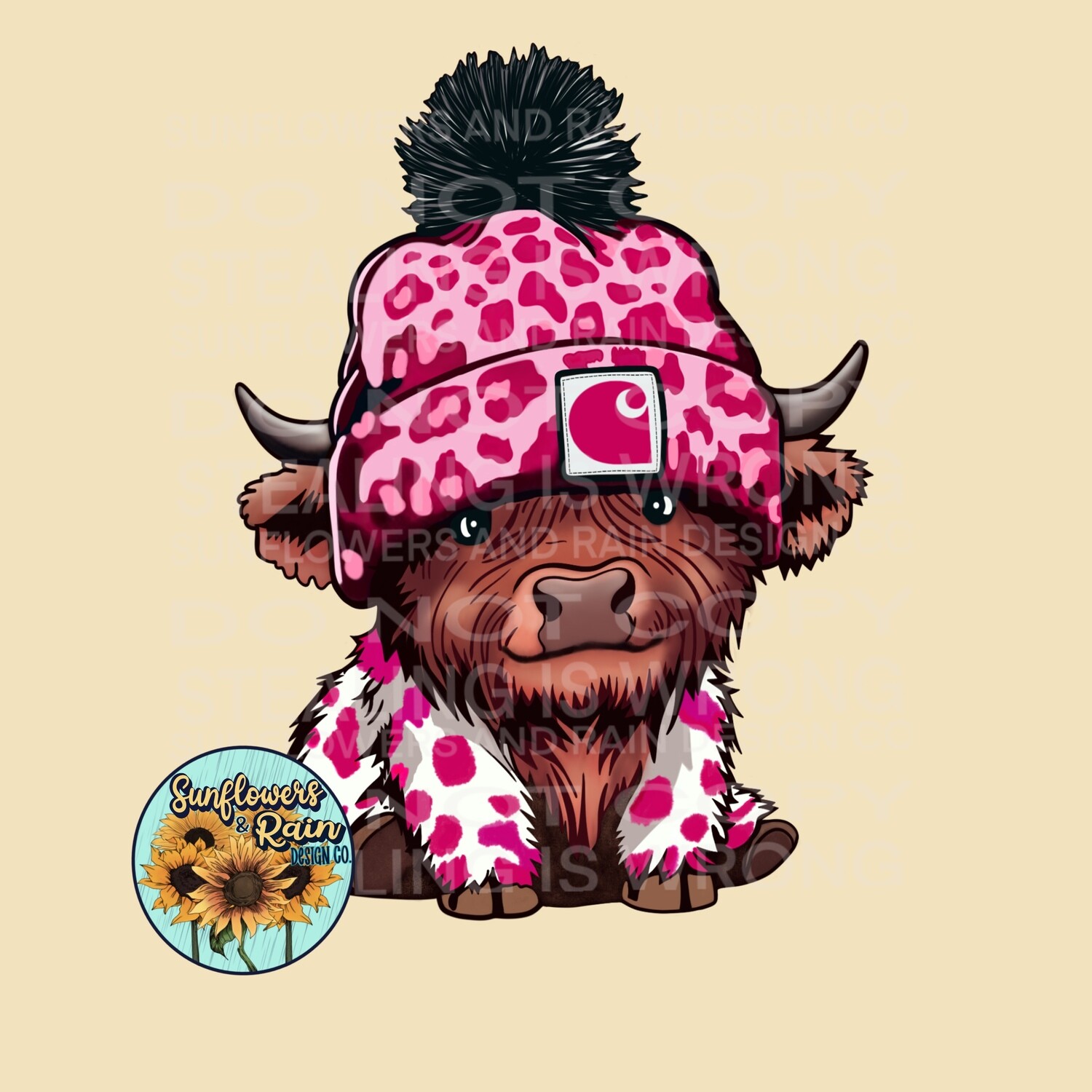 Baby highland cow wearing pink leopard print Png file for sublimation tshirts.