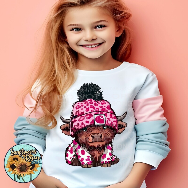 Baby highland cow wearing pink leopard print Png file for sublimation tshirts.