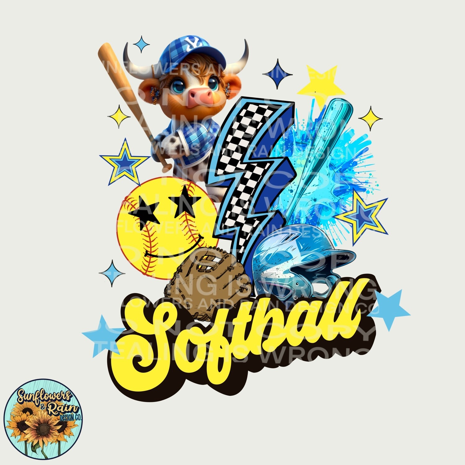Softball Blue Highland cow png file digital download, Sublimation design.