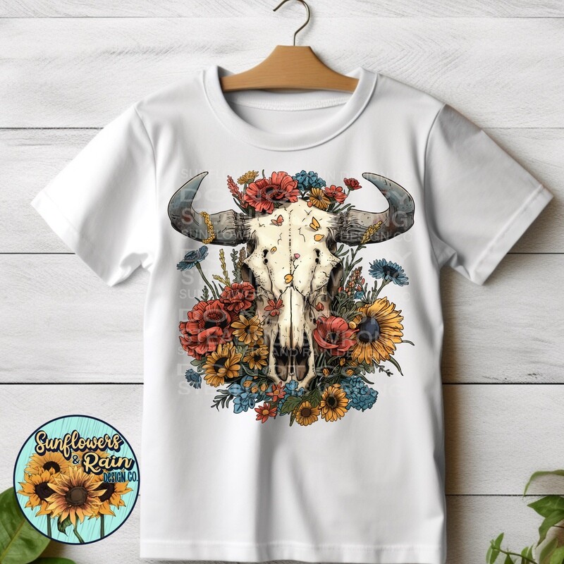 Bull skull with flowers png file digital download, Sublimation design.