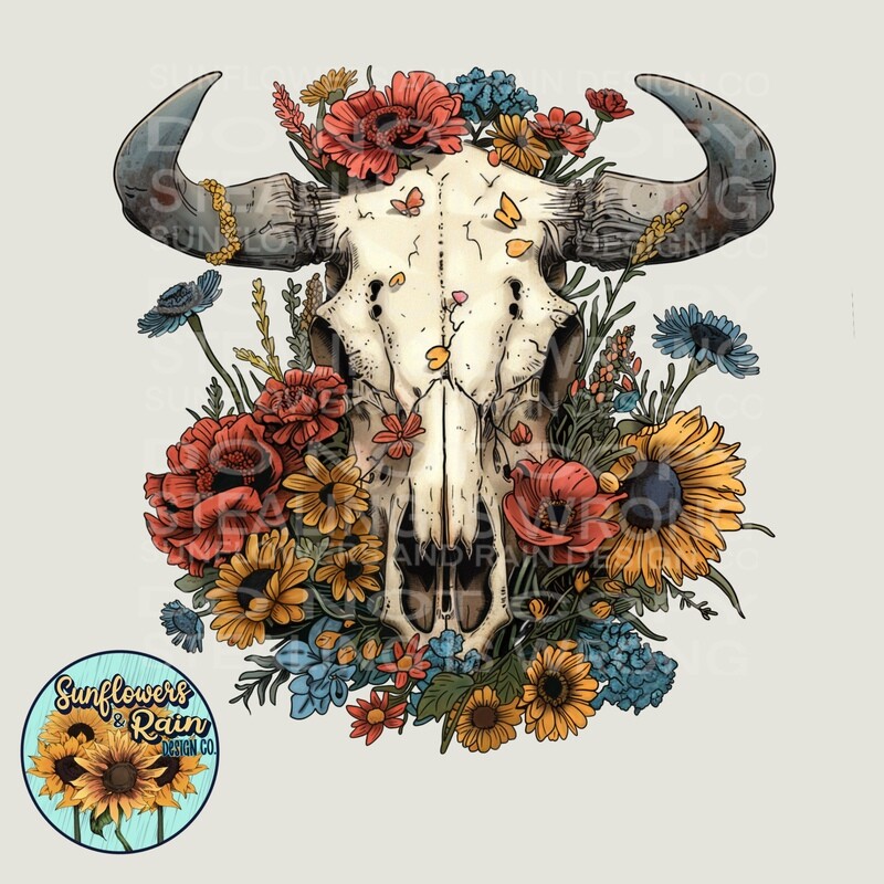Bull skull with flowers png file digital download, Sublimation design.