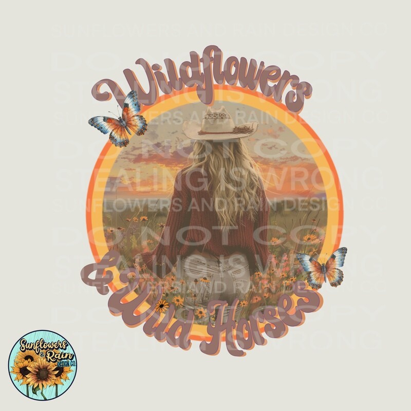 Wildflowers and wild horses png file included  digital download, Sublimation design.