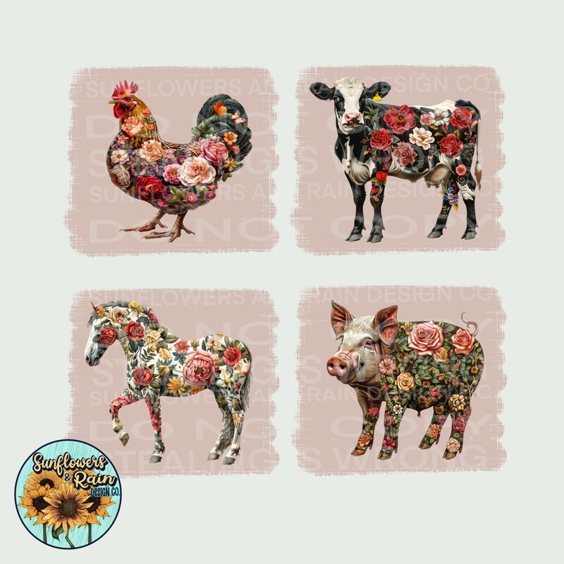 Floral farm animal patches  png file included  digital download, Sublimation design.