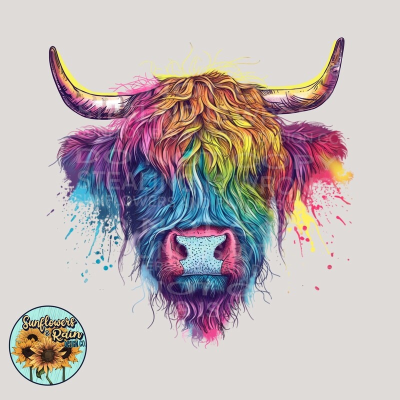 Rainbow highland cow  png file included  digital download, Sublimation design.
