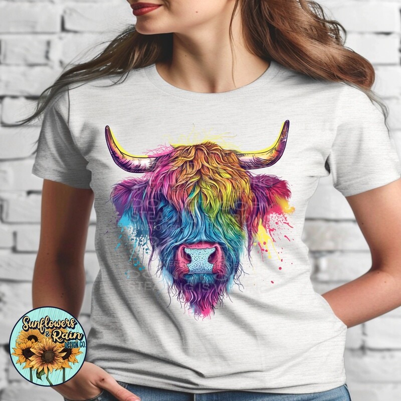 Rainbow highland cow  png file included  digital download, Sublimation design.