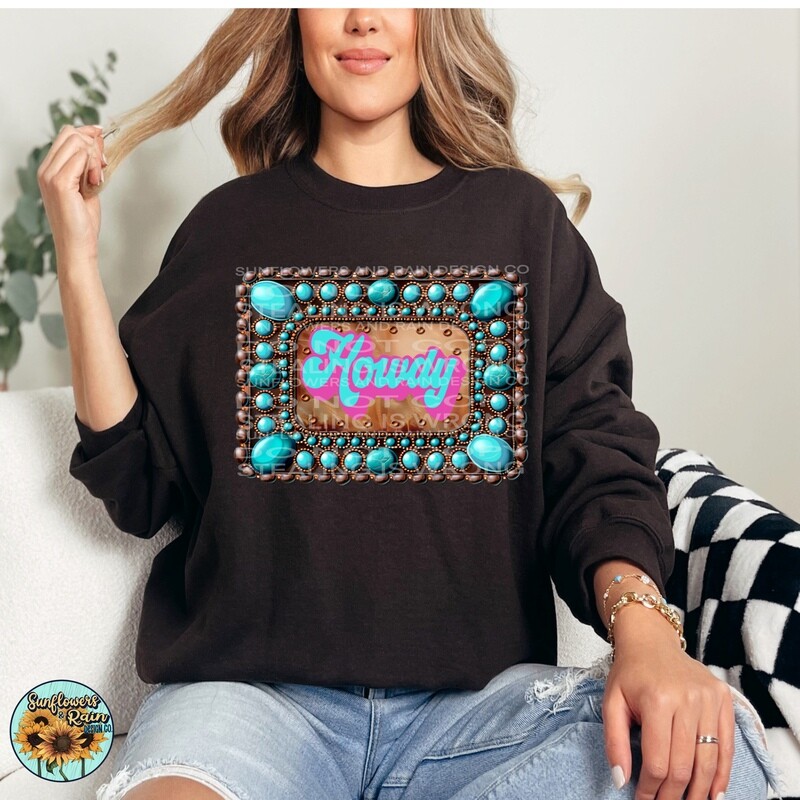Howdy leather and turquoise patch png file included digital download, Sublimation design.