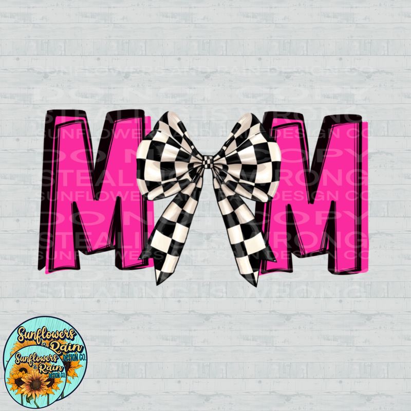 Pink racing mom croquette checkered bow png file included digital download, Sublimation design.
