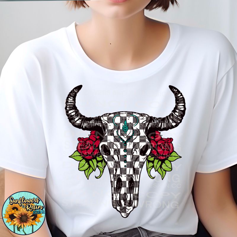 Checkered bull skull png file included digital download, Sublimation design.