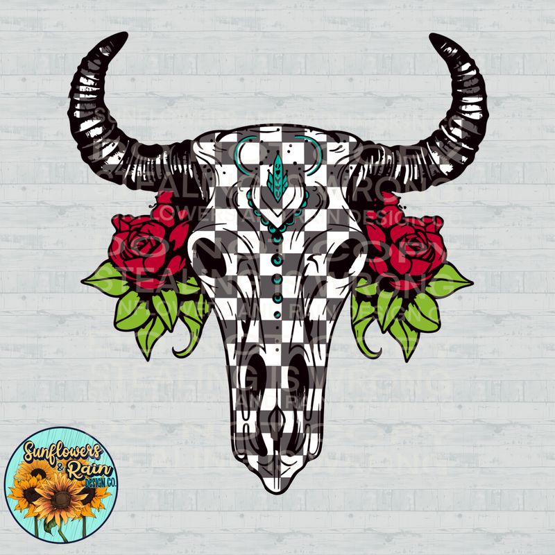 Checkered bull skull png file included digital download, Sublimation design.