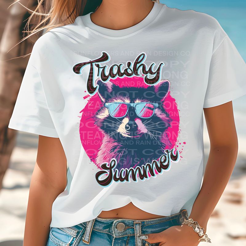 Raccoon Trashy Summer PNG file for sublimation or DTF T-shirts. Digital download only.