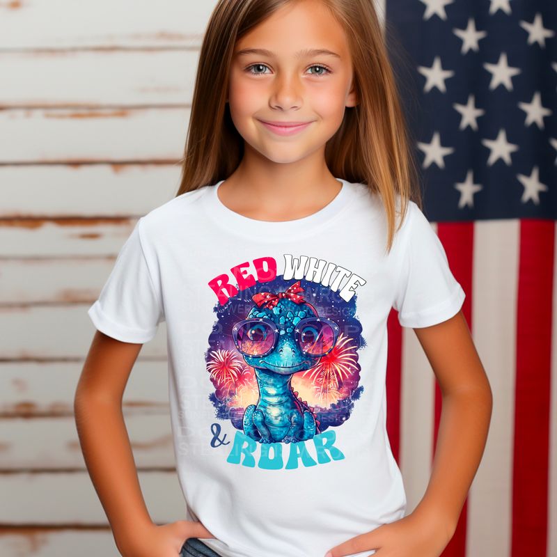 Dinosaur 4th of July  Red, White and Roar PNG file for sublimation or DTF T-shirts. Digital download only.