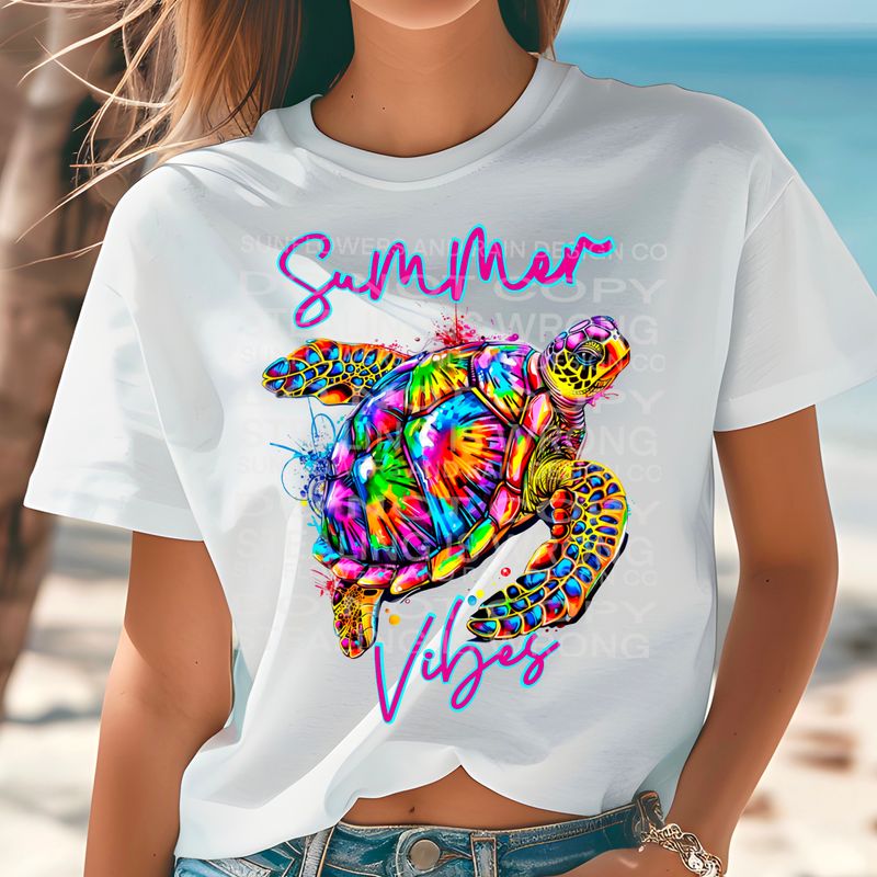 Neon Turtle Summer Vibe  PNG file for sublimation or DTF T-shirts. Digital download only.