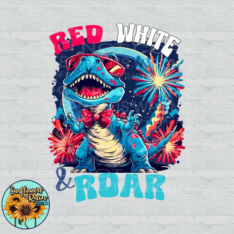Dinosaur 4th of July Red, White and Roar PNG file for sublimation or DTF T-shirts. Digital download only.