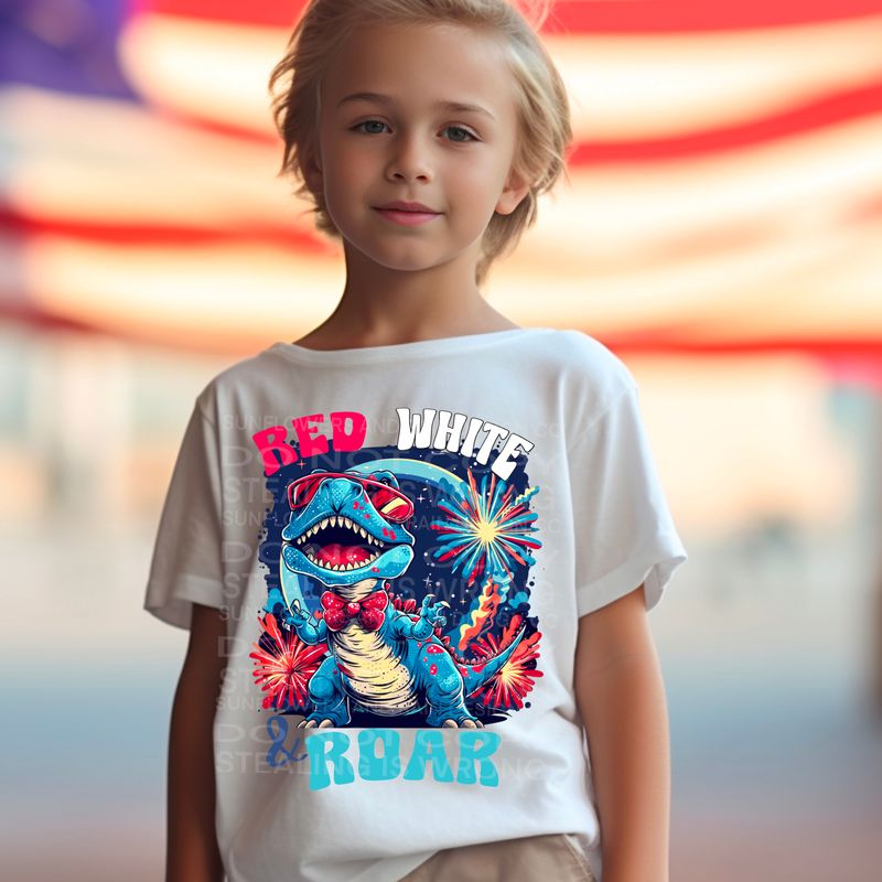 Dinosaur 4th of July Red, White and Roar PNG file for sublimation or DTF T-shirts. Digital download only.