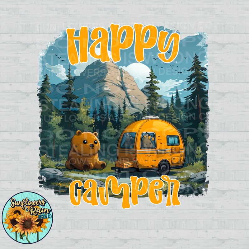 Happy camper PNG file for sublimation or DTF T-shirts. Digital download only.