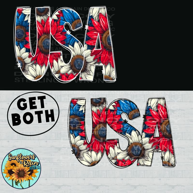 USA sunflowers red, white and blue PNG file for sublimation or DTF T-shirts. Digital download only.