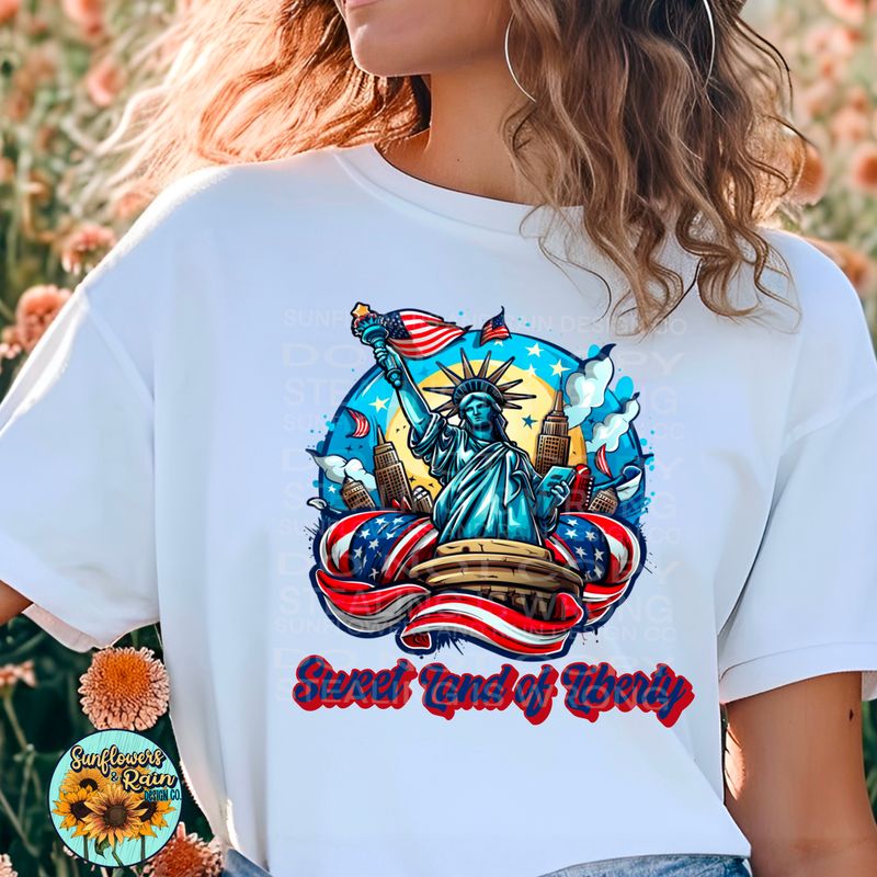 Sweet land of liberty red, white and blue PNG file for sublimation or DTF T-shirts. Digital download only.