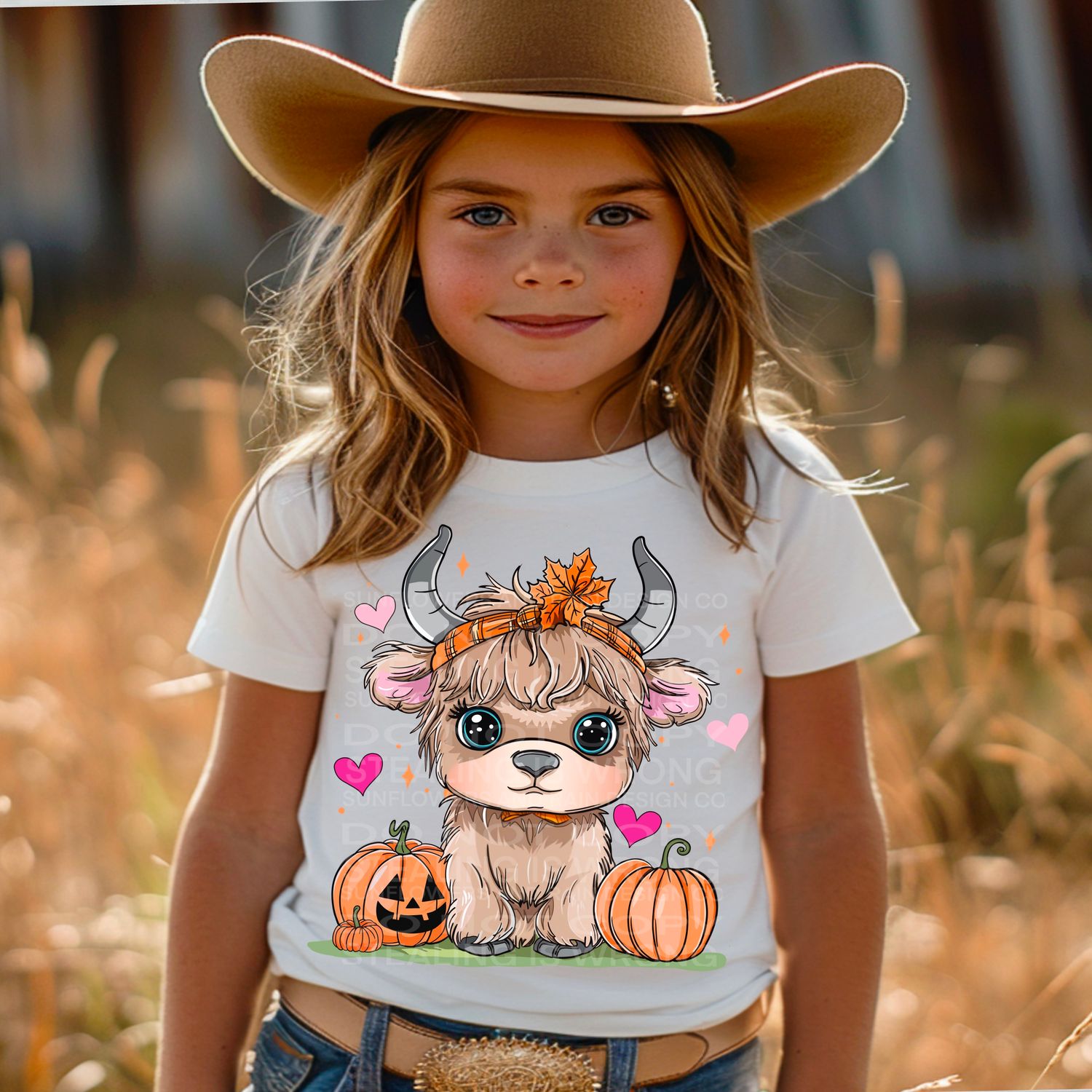 Baby highland cow with  pumpkins Png Sublimation file.  Digital download only