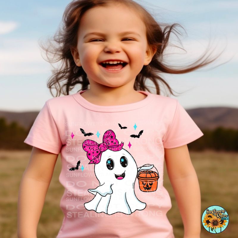 Cute trick or treating ghost with coquette bow Png Sublimation file.  Digital download only