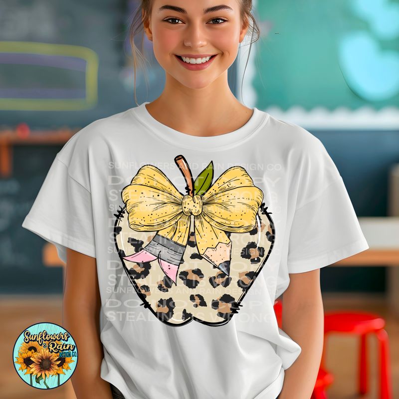 Leopard print Apple with pencil coquette bow Png Sublimation file.  Digital download only
