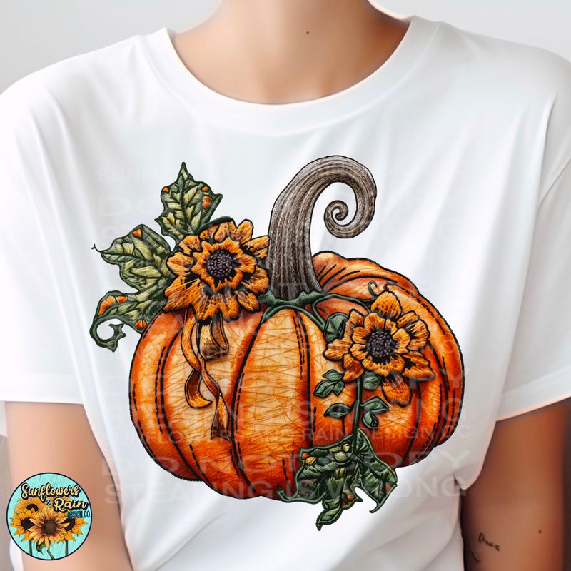 Faux embroidered pumpkin with sunflowers Png Sublimation file.  Digital download only