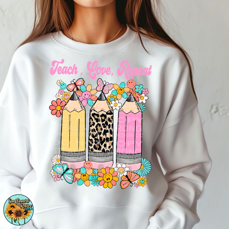 Retro Teach, Love , Repeat  Png Sublimation file.  Digital download only