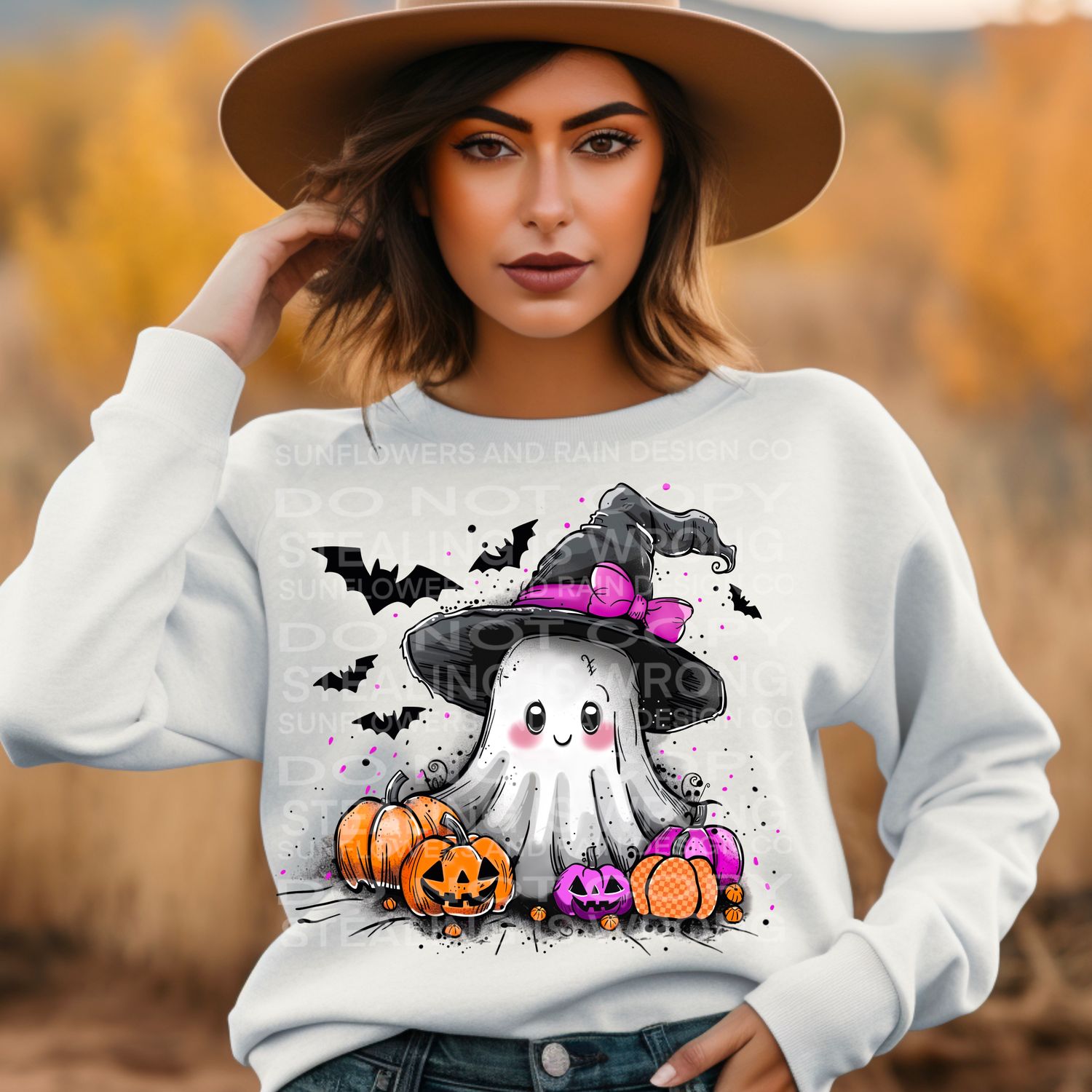 Cute spooky ghost with withes hat and pumpkins Png Sublimation file.Digital download only