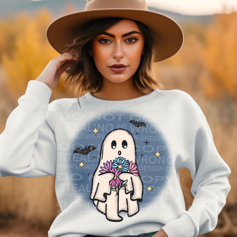 Cute spooky ghost with daisy’s Png Sublimation file.Digital download only