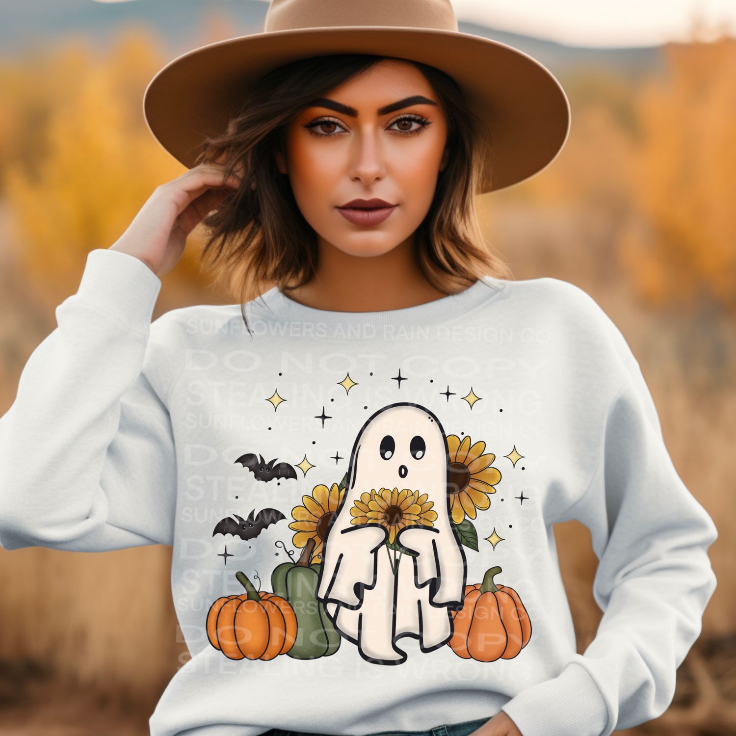 Cute spooky ghost with sunflowers and pumpkins Png Sublimation file.Digital download only