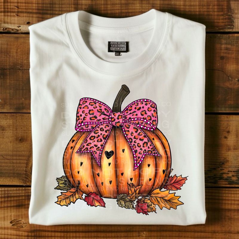 Pink Coquette leopard bow with pumpkin and hearts  Png Sublimation file.Digital download only