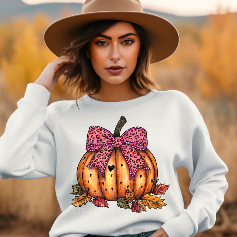 Pink Coquette leopard bow with pumpkin and hearts  Png Sublimation file.Digital download only