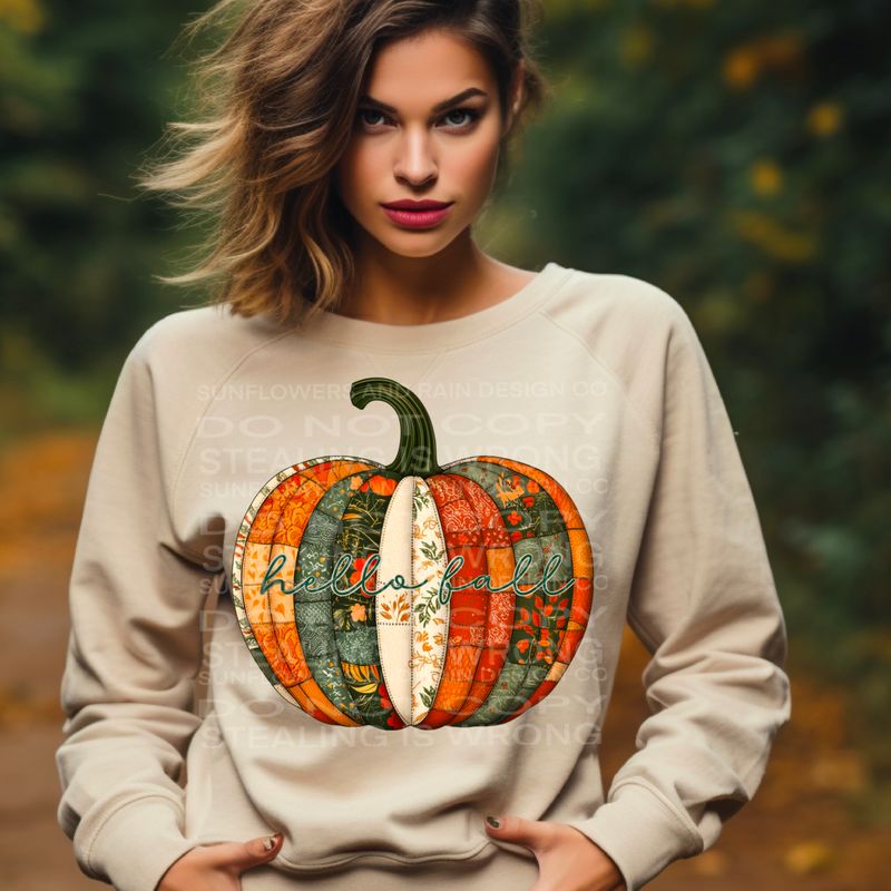 Hello fall , patchwork pumpkin Png Sublimation file.Digital download only