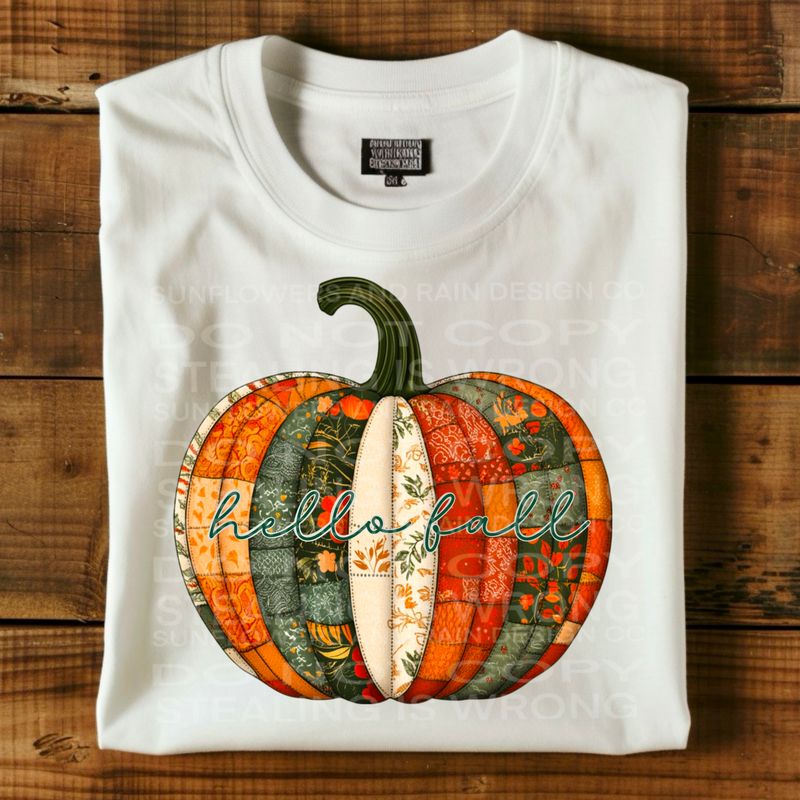 Hello fall , patchwork pumpkin Png Sublimation file.Digital download only