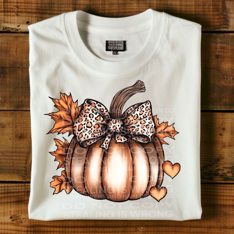 Fall pumpkin with leopard print coquette bow and hearts Png Sublimation file.Digital download only