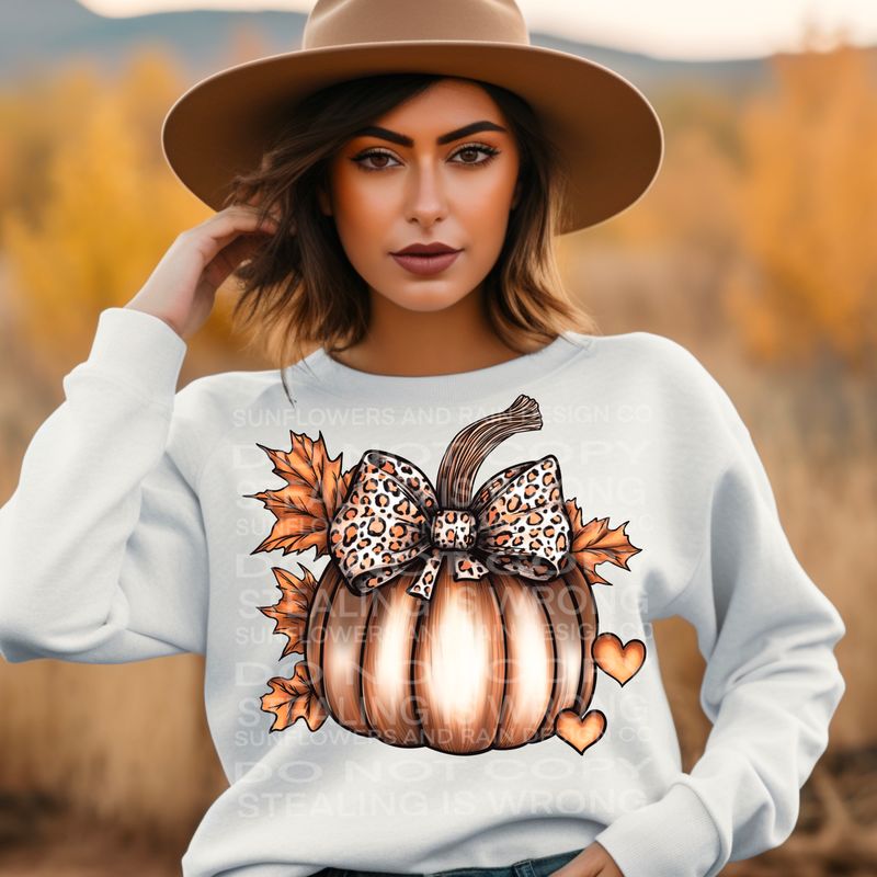 Fall pumpkin with leopard print coquette bow and hearts Png Sublimation file.Digital download only