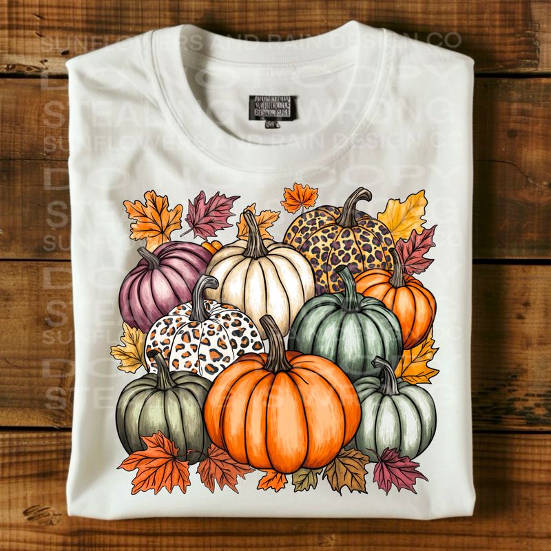 Fall pumpkins and leaves , beautiful group of pumpkins with leopard print and pastel Png Sublimation file.Digital download only