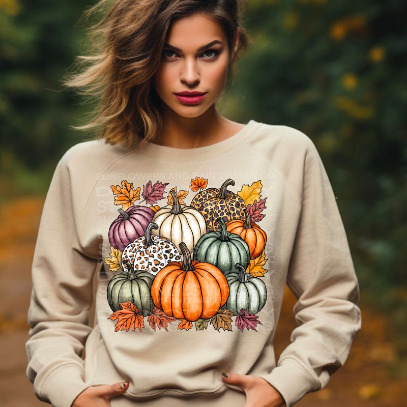 Fall pumpkins and leaves , beautiful group of pumpkins with leopard print and pastel Png Sublimation file.Digital download only