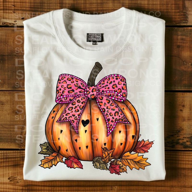Fall pumpkin with pink leopard print coquette bow and hearts with leaves  Png Sublimation file.Digital download only