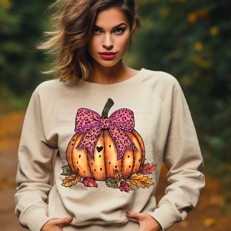 Fall pumpkin with pink leopard print coquette bow and hearts with leaves  Png Sublimation file.Digital download only