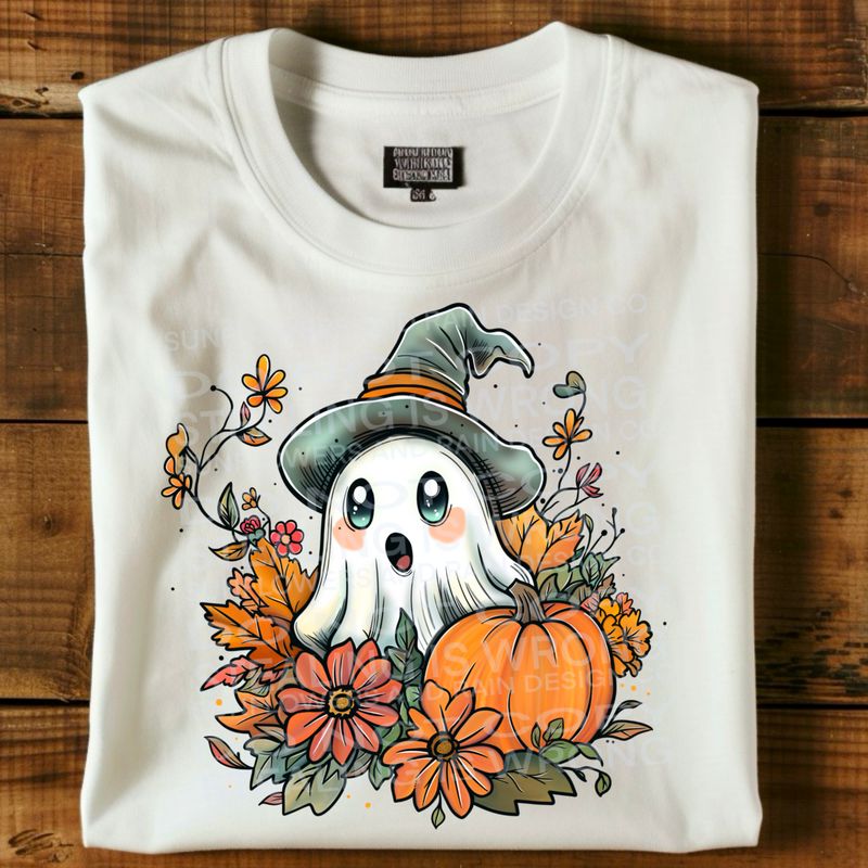Cute ghost with flowers and pumpkins Png Sublimation file.Digital download only