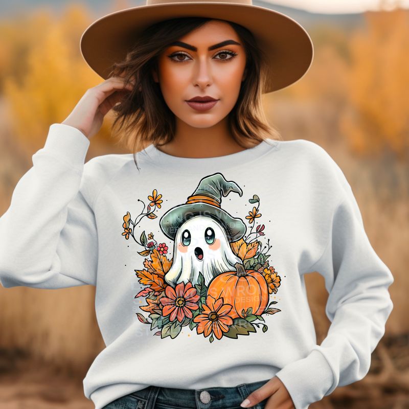 Cute ghost with flowers and pumpkins Png Sublimation file.Digital download only