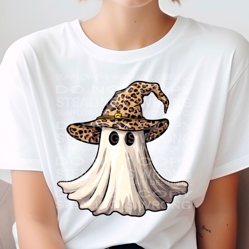 Ghost with leopard print witches hat Png Sublimation file.Digital download only