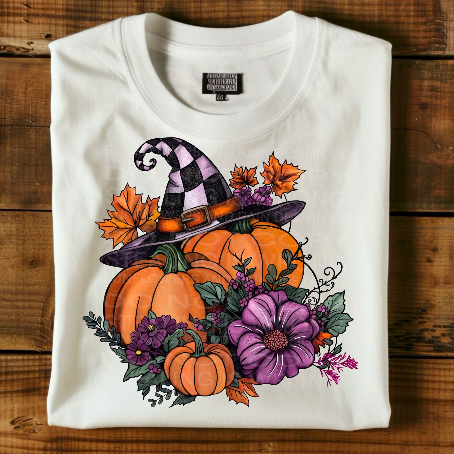 Pumpkin and flowers with checkered witches hat Png Sublimation file.Digital download only