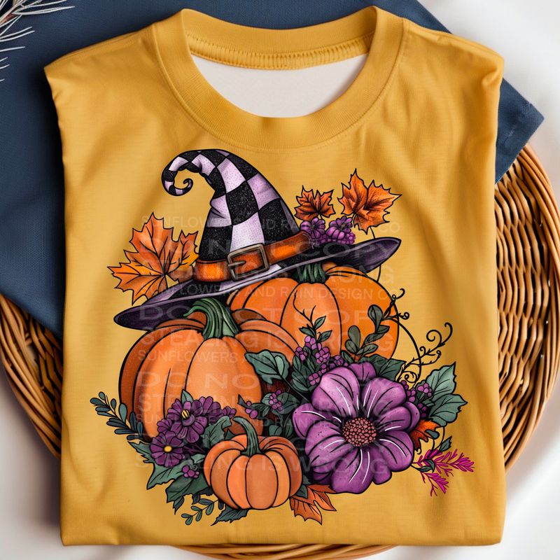 Pumpkin and flowers with checkered witches hat Png Sublimation file.Digital download only