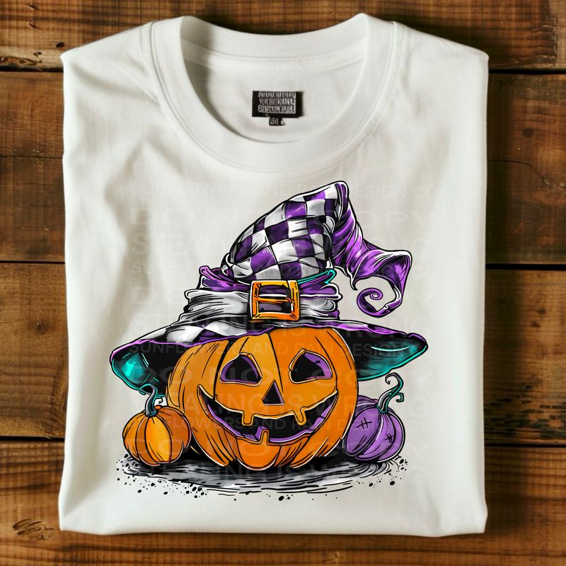 Pumpkin with checkered witches hat Png Sublimation file.Digital download only