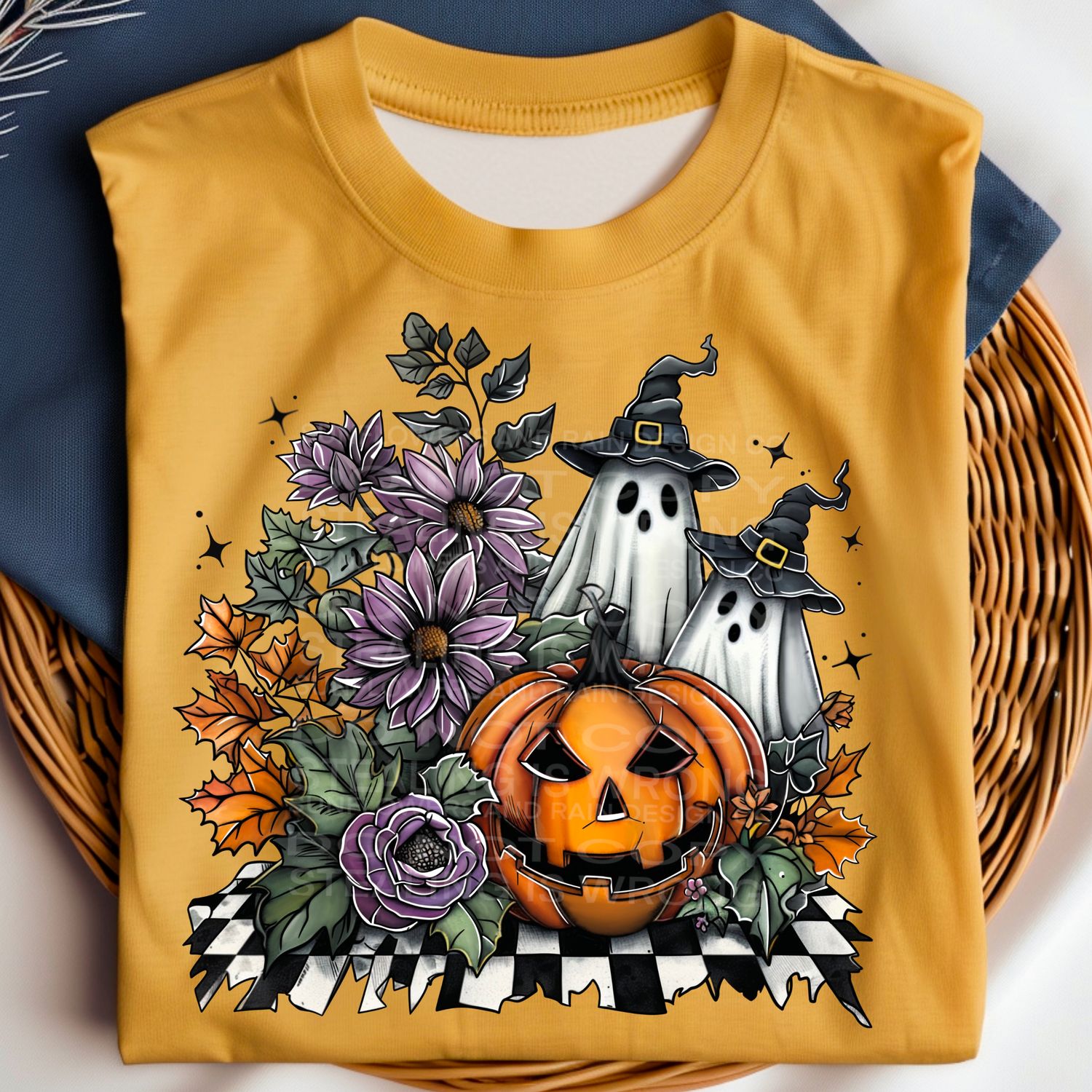 Ghosts , flowers and pumpkins with checkered background Png Sublimation file.Digital download only