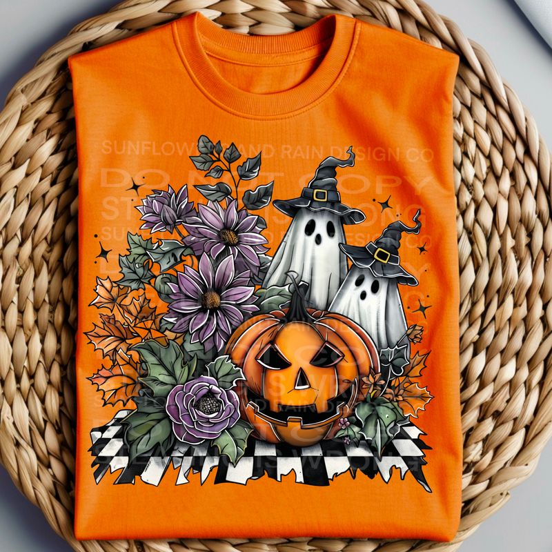 Ghosts , flowers and pumpkins with checkered background Png Sublimation file.Digital download only