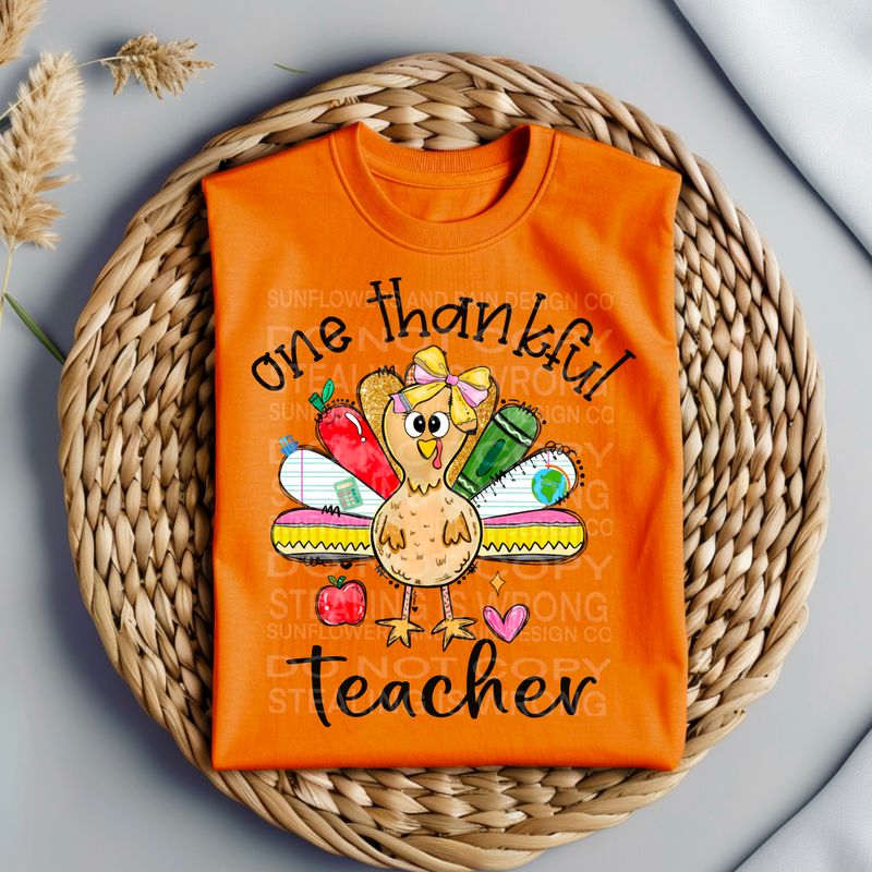 One thankful Teacher  , cute turkey  design Png Sublimation file.Digital download