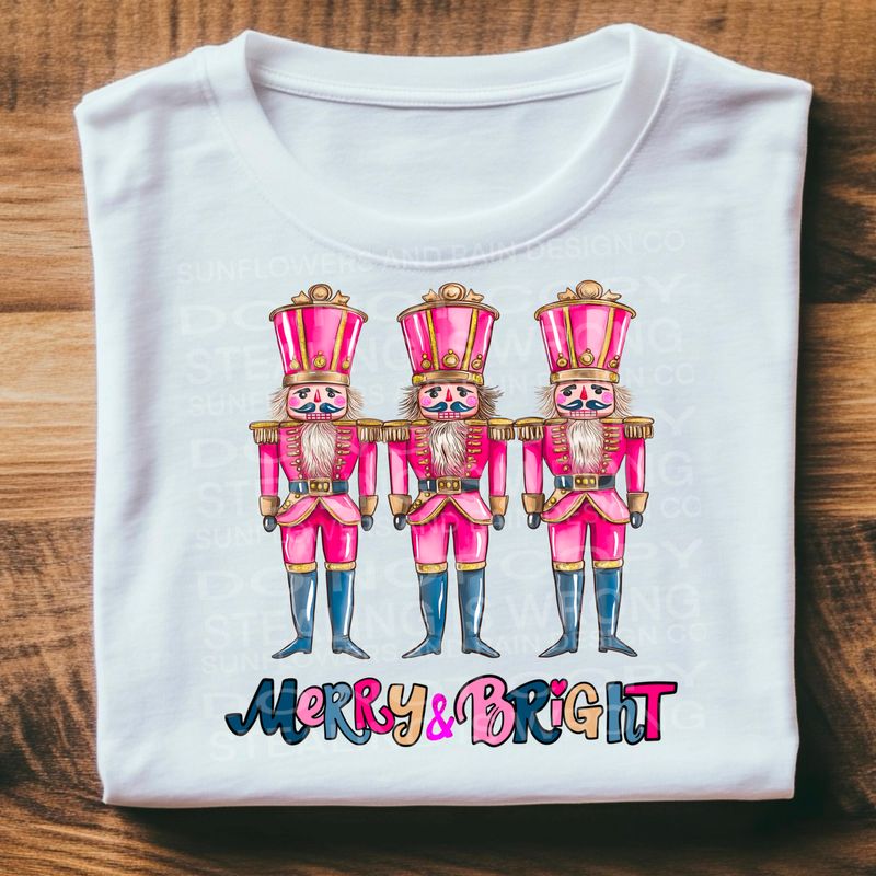 Merry &amp; Bright pink Nutcracker  design Png Sublimation file.Digital download
